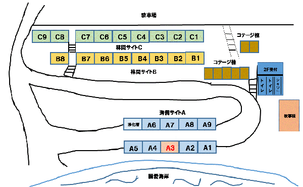キャンプ黄金崎のサイトエリアマップ（2014/08/01）