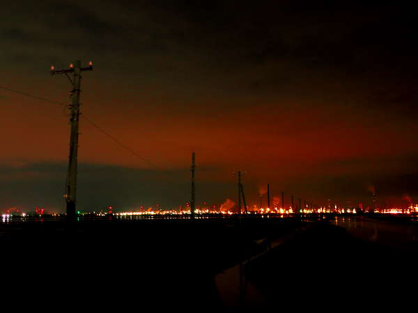 工場夜景が背景となる夜の江川海岸の海中電柱（2018/02/25）の画像02