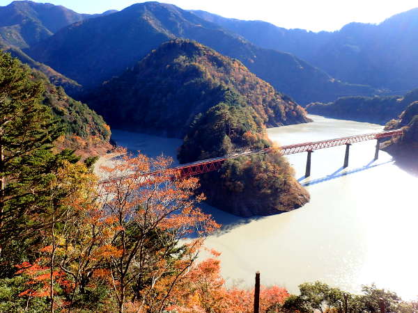 撮影スポットから見た紅葉の「奥大井湖上駅」（2018/11/24）の画像01