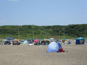 砂浜には多くのテントやサンシェードが立つ