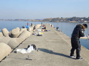 堤防で釣りを楽しむ人たち