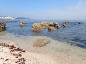 澄んだ海と砂浜と岩