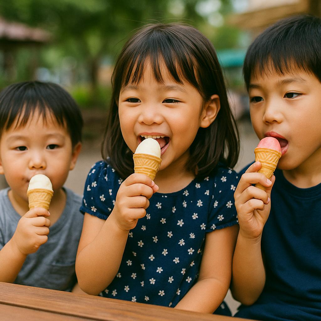 アイスクリームを食べる子供たちの画像