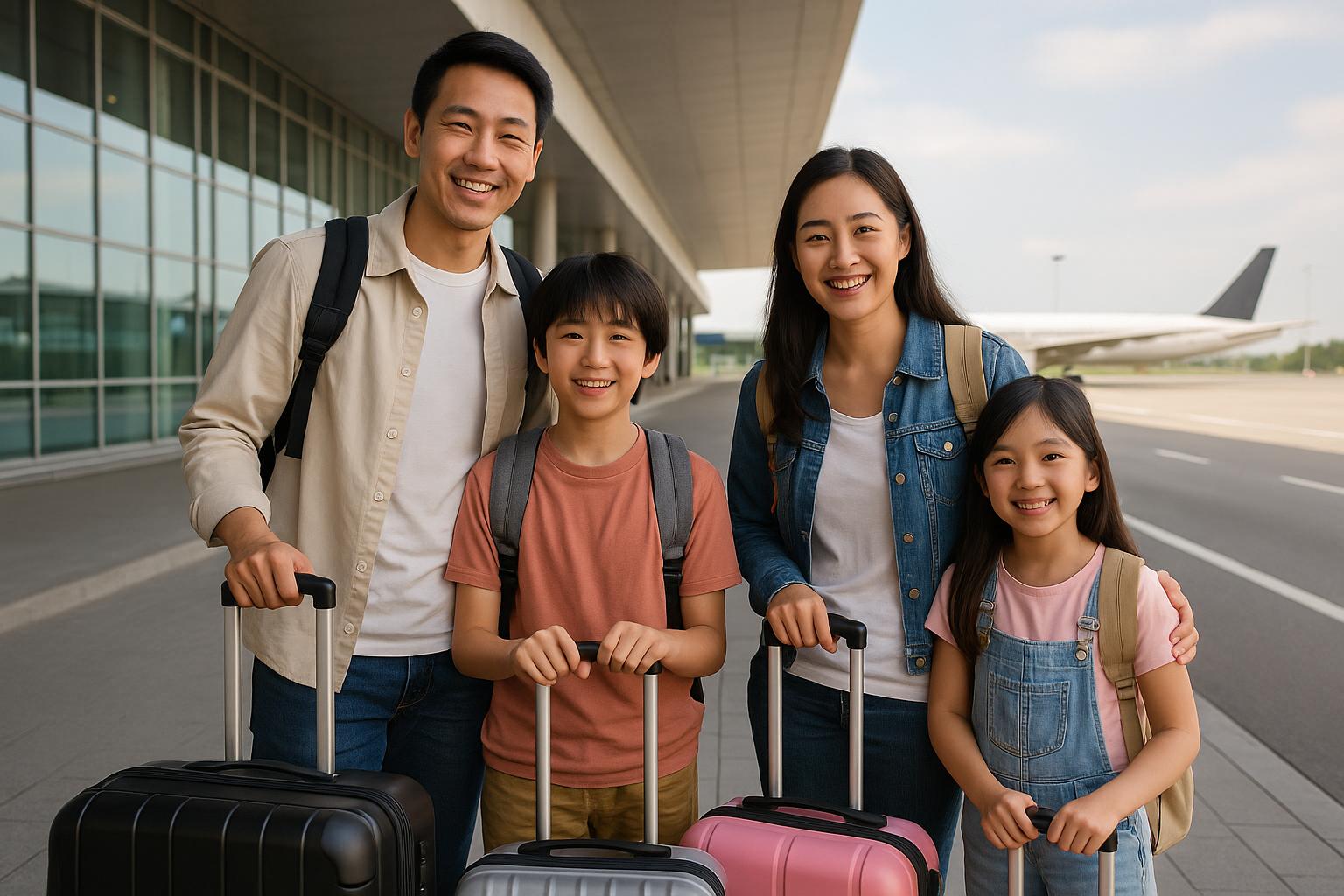 の4人家族（お父さん、お母さん、男の子（12歳）、女の子（8歳）の海外旅行に行く姿の写真の画像